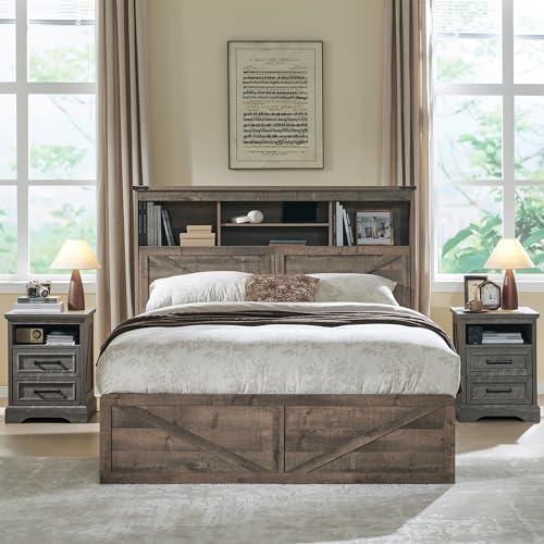 Queen Size Wood Bed Frame with Storage Bookcase Headboard 4 Drawers Z294