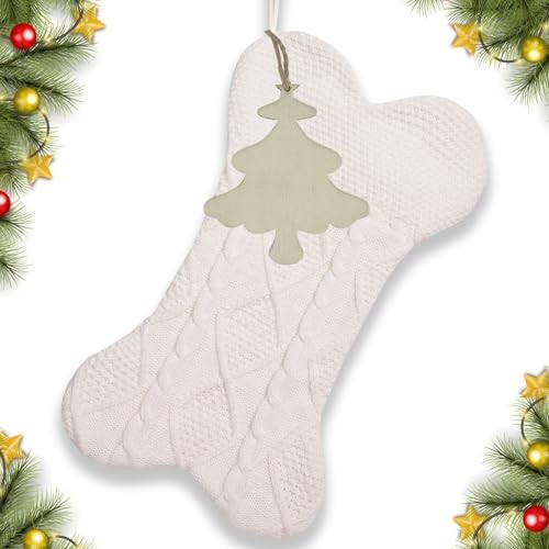 Knitted Dog Christmas Stocking with Name Tag, Large 18 inch Dog Bone Shape Stocking, Dual-Layer Lining, Red Bone W711828