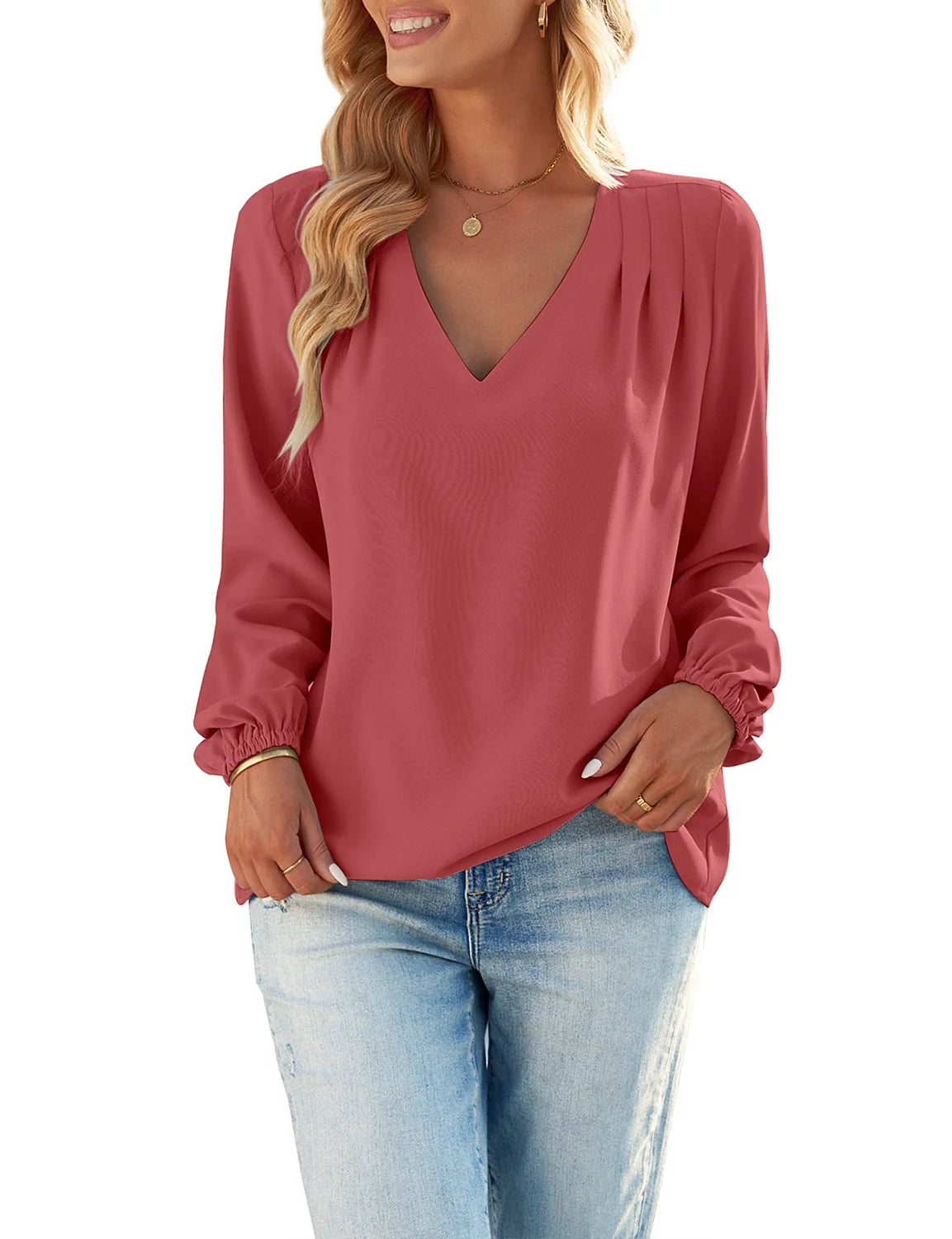 Cranberry Long Balloon Sleeve V Neck Blouses Q97803