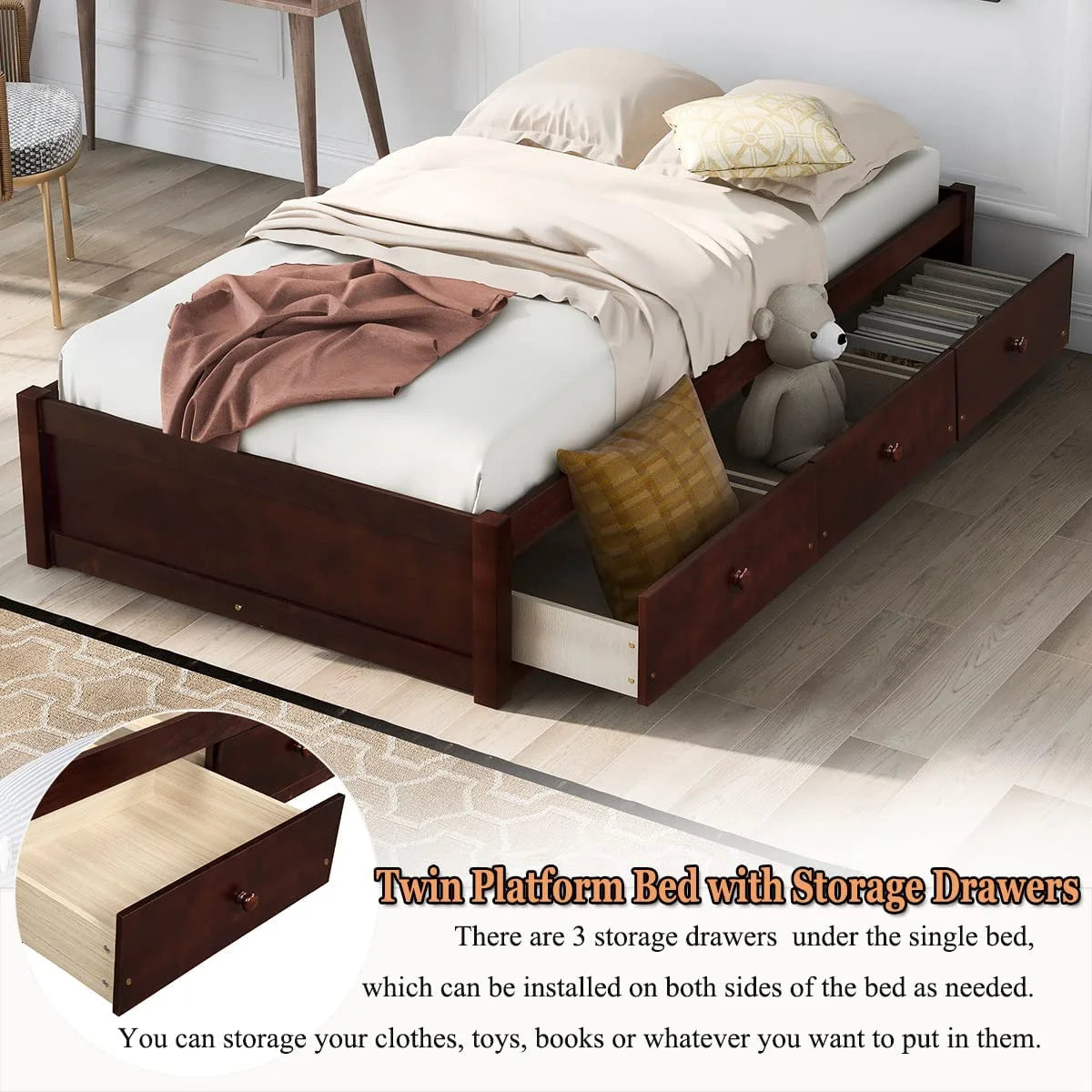 Cherry Wood Storage Bed with 3 Drawers V7362
