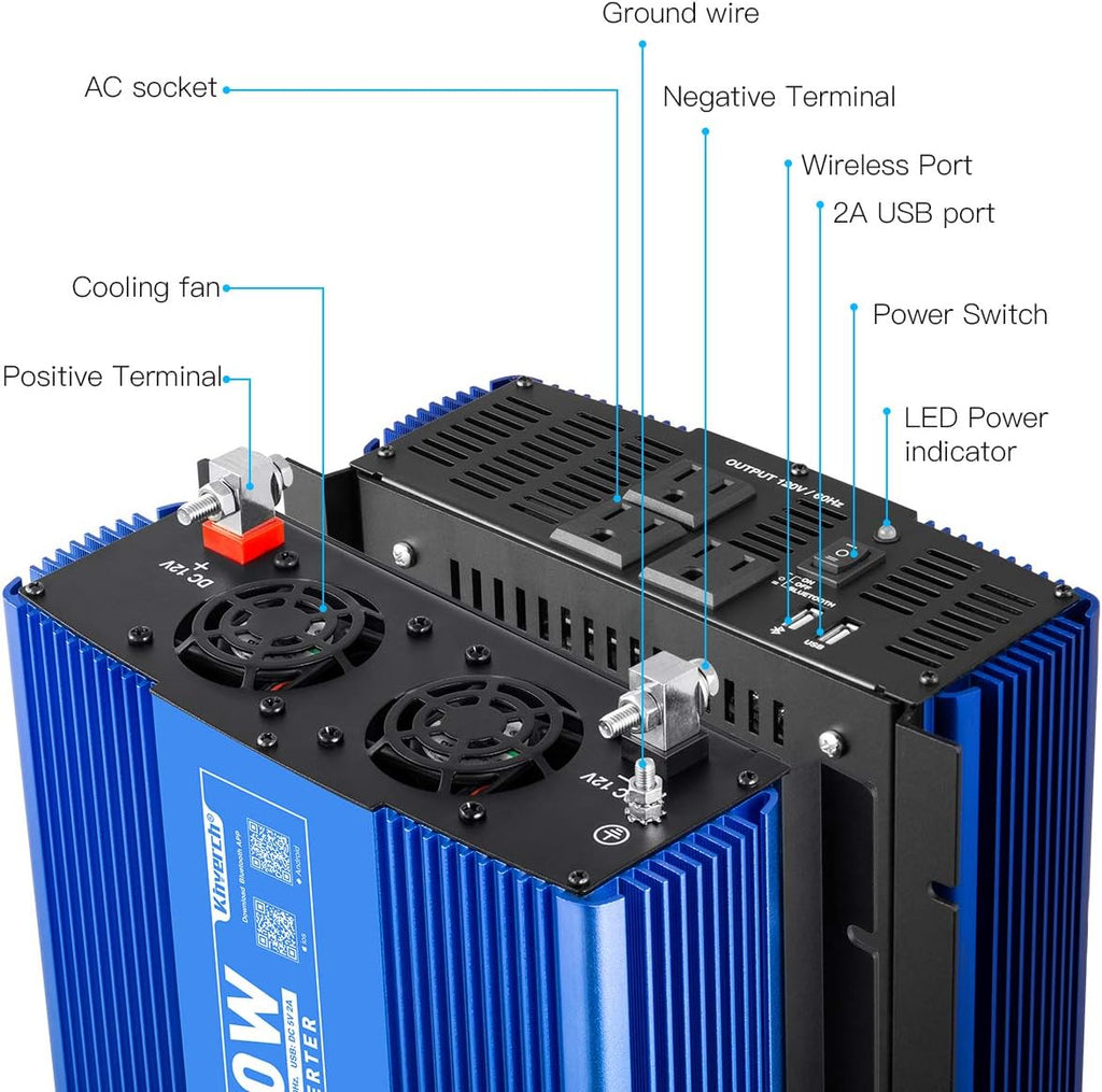 2000W Pure Sine Wave Power Inverter 12V DC to 110V AC with 3 AC Outlets & 1 USB Port X3283