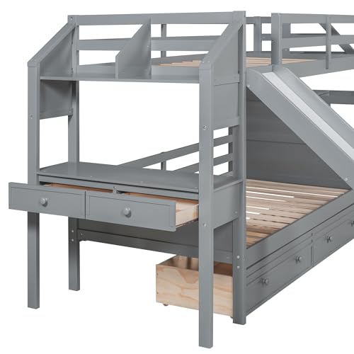 White Twin Over Full Solid Wood Bunk Bed with Stairs and Slide K84352
