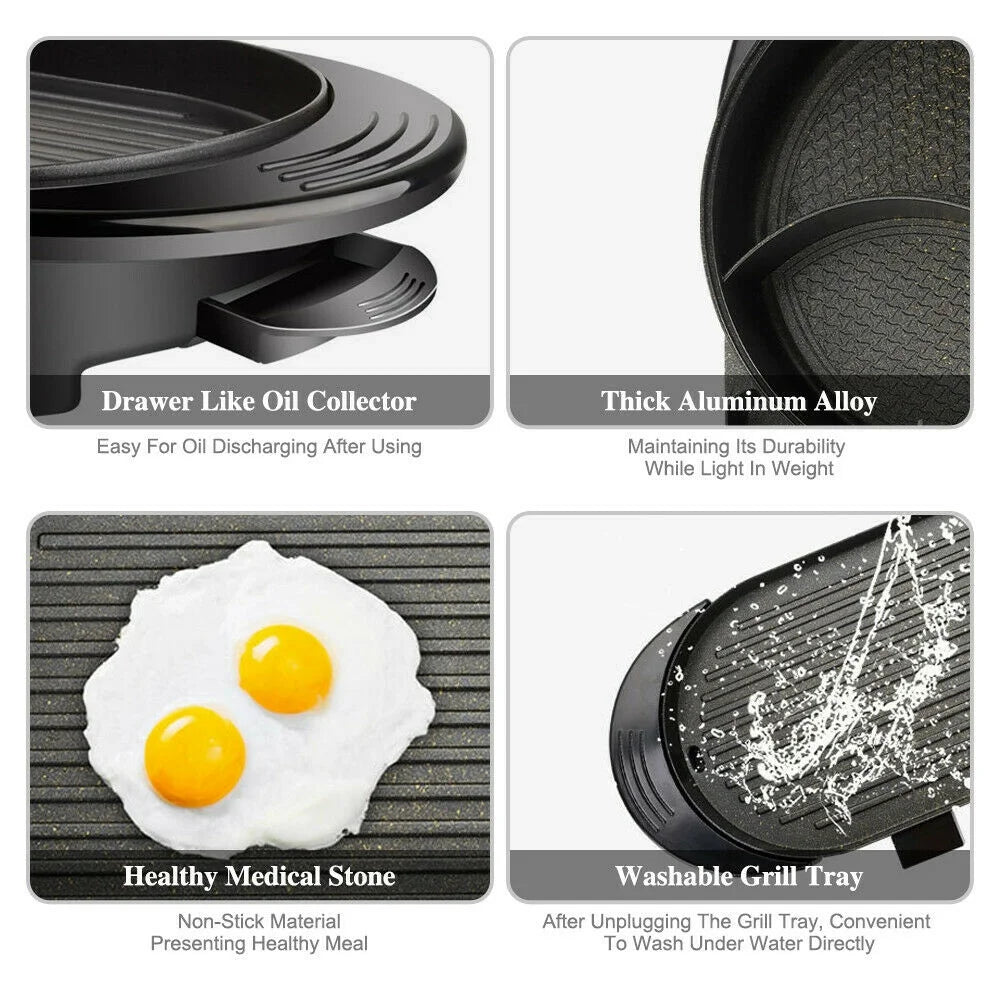 2 in 1 Electric Hot Pot Grill Non-Stick Smokeless Barbecue Pan 1100W P600