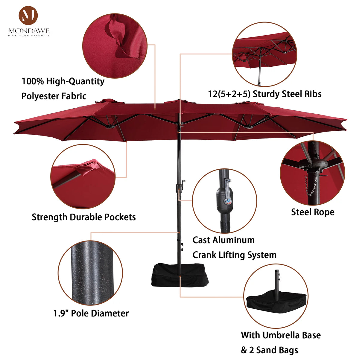 15ft Double-Sided Rectangle Patio Umbrella with Base F683