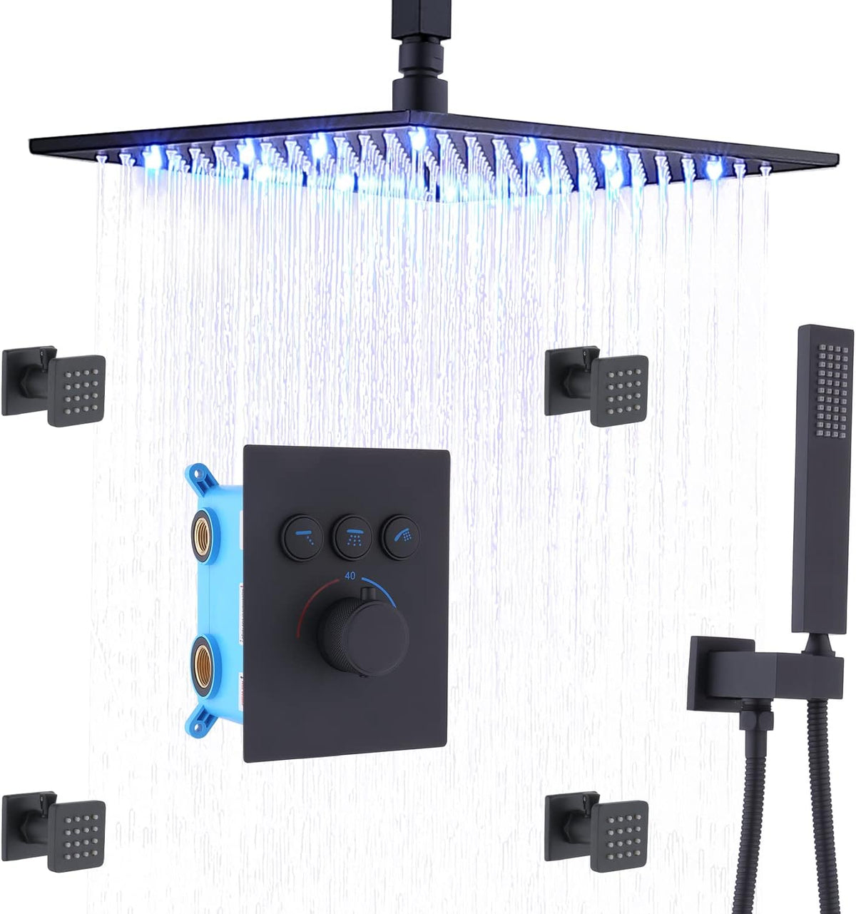 12 Inch Ceiling Rain Shower Head Combo System with 4 pcs Body Jets and Handheld Shower Faucet Fixture Set (Matte Black) R5827