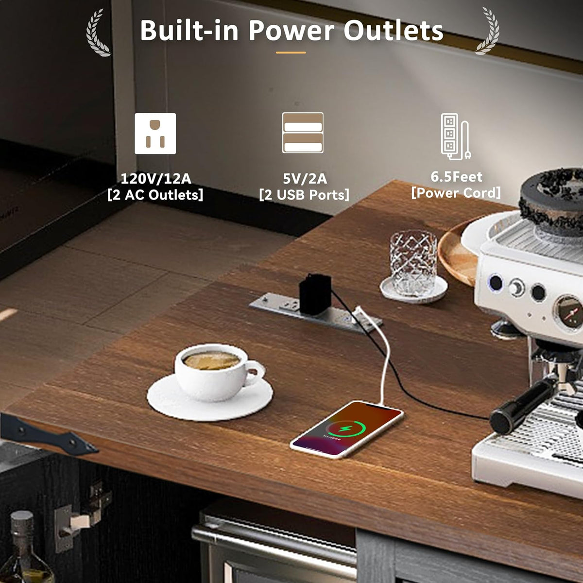 Black Kitchen Island with Power Outlet and Drop Leaf K101