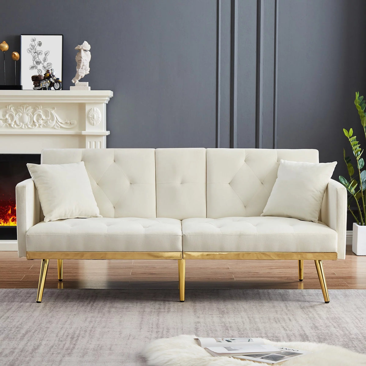 Cream White Velvet Upholstered Sofa Bed O915