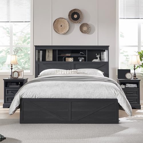 Queen Size Wood Bed Frame with Storage Bookcase Headboard 4 Drawers Z294