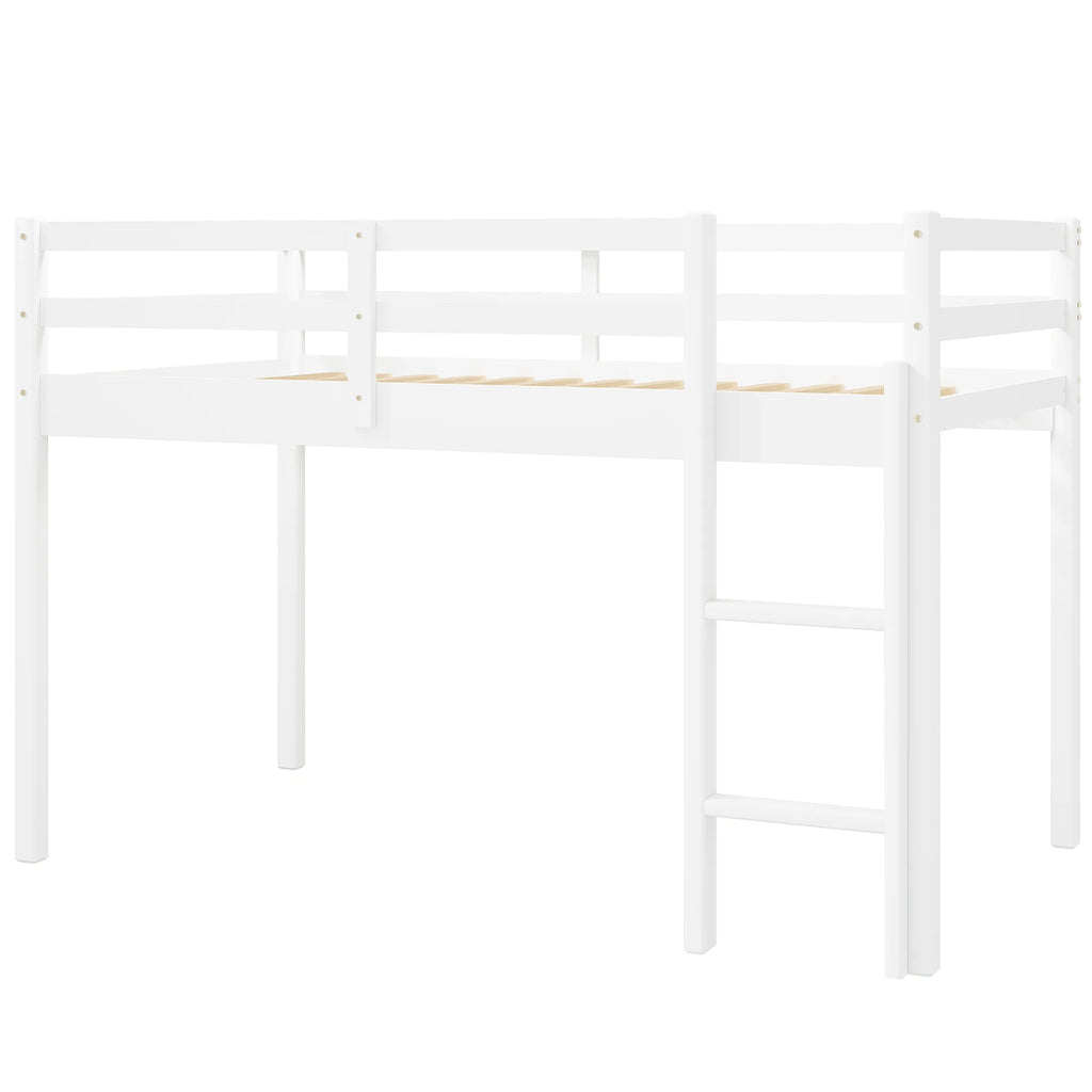 White Twin Size Solid Wood Loft Bed with 14 Wooden Slats S9433