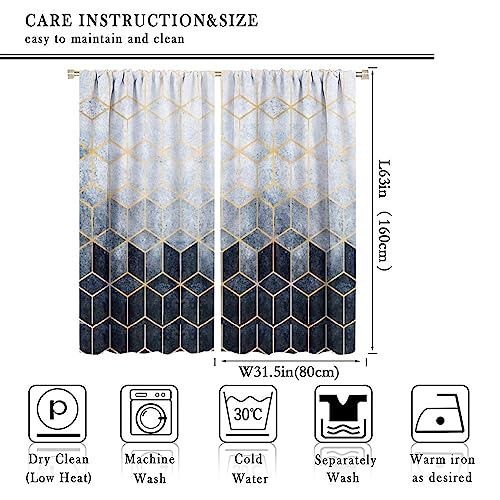 Navy Blue Gold Geometric Marble Curtains 2 Panel Sets, 42x45 Inch E741340
