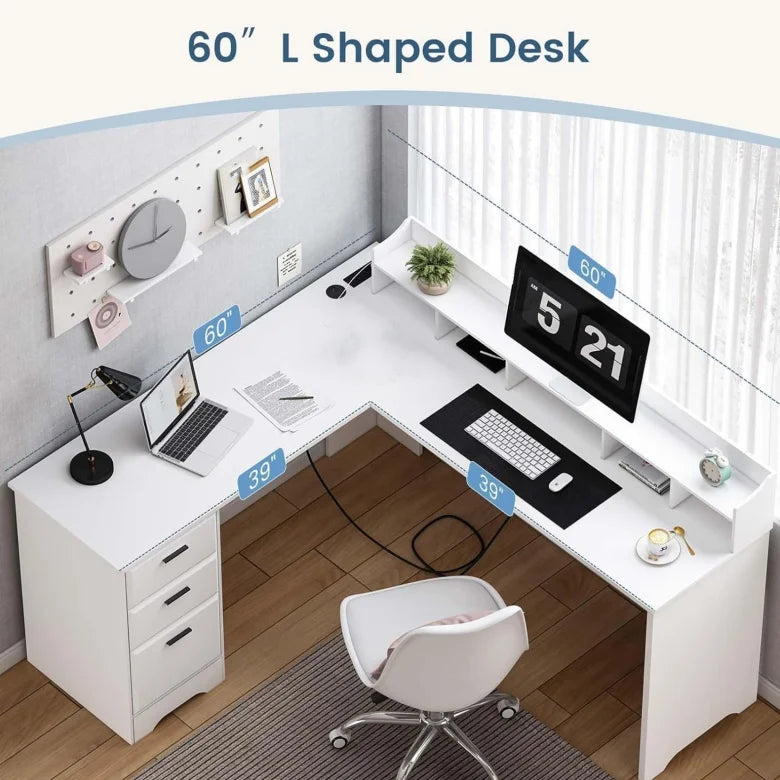 White L-Shaped Desk with File Cabinet G77419
