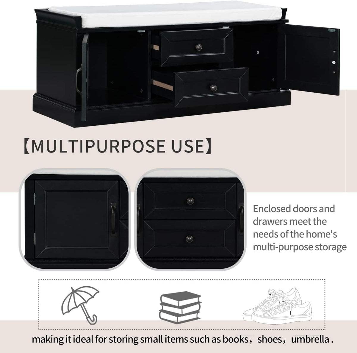 Black Storage Bench with 2 Drawers and 2 Cabinets with Removable Cushion R649295
