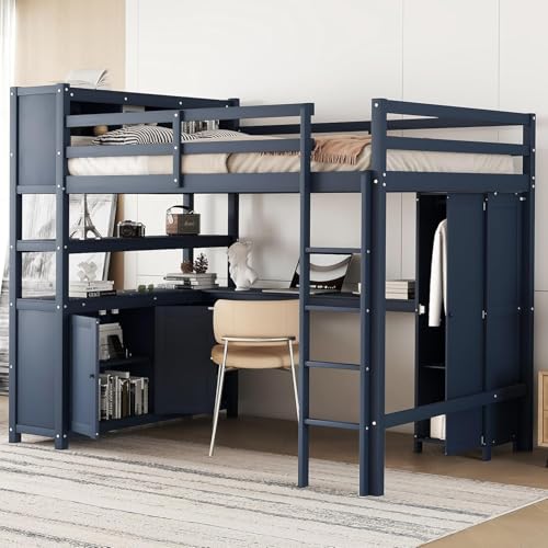 Full Size Metal Loft Bed with Wardrobe and L-Shaped Desk I751474