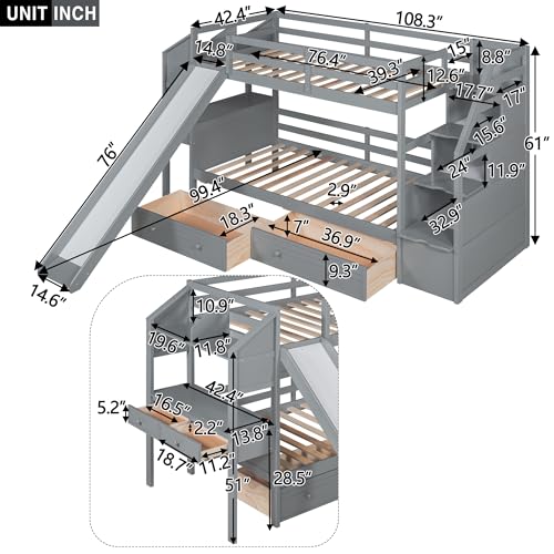 White Twin Over Full Solid Wood Bunk Bed with Stairs and Slide K84352