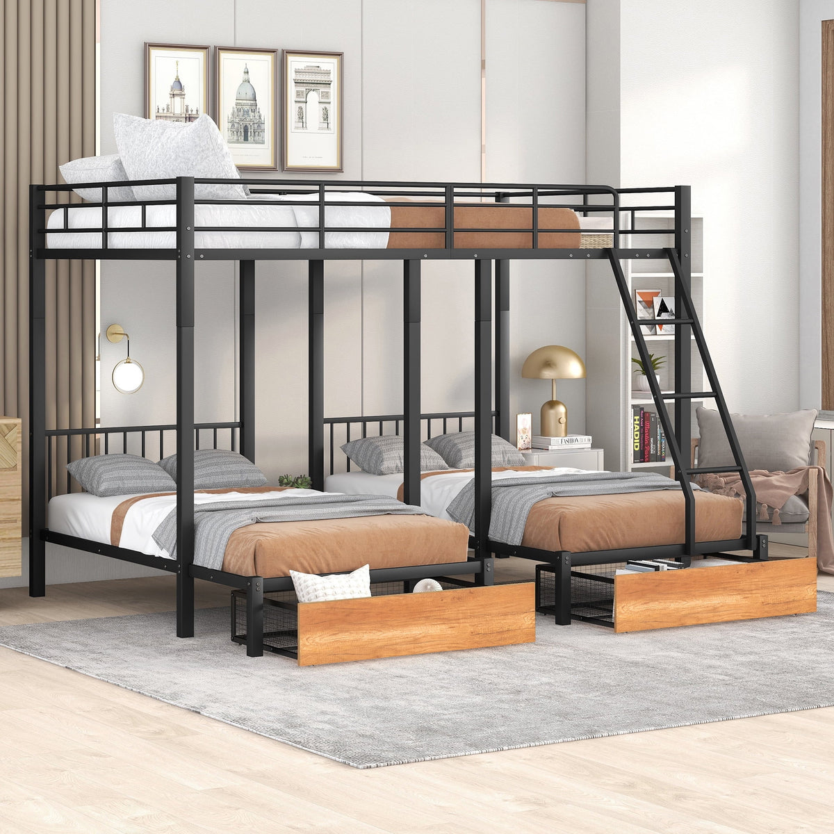 Black Metal Triple Bunk Bed with Drawers X139453