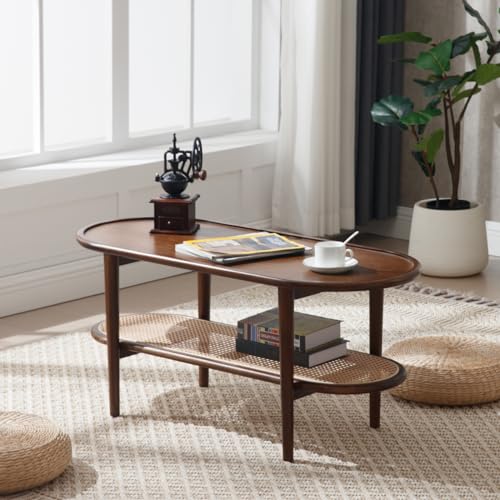 Walnut Rattan Coffee Table with Storage Shelf I524385