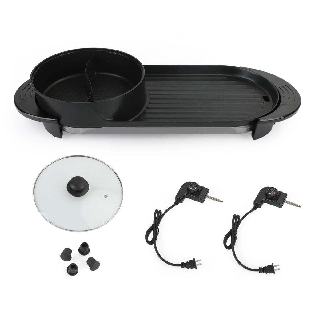 2 in 1 Electric Hot Pot Grill Non-Stick Smokeless Barbecue Pan 1100W P600