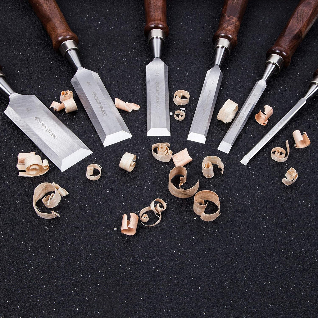 8 Pcs Wood Chisel Set with Walnut Handle and Vanadium Steel Blade, Wood Box H26225