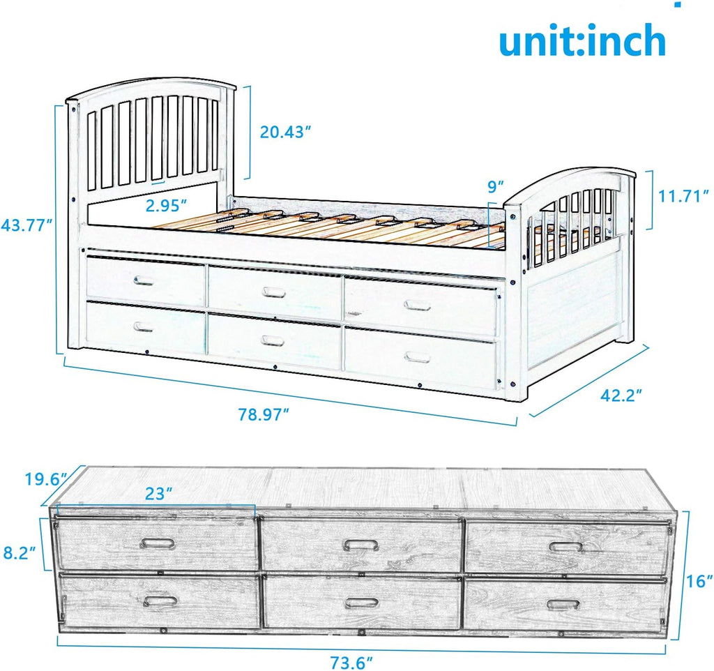 Gray Solid Wood Twin Size Platform Storage Bed with 6 Drawers G741