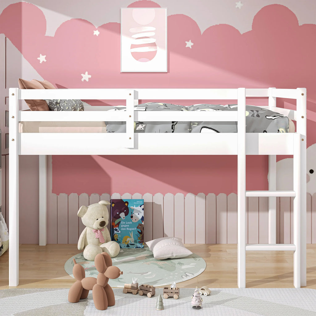 White Twin Size Solid Wood Loft Bed with 14 Wooden Slats S9433