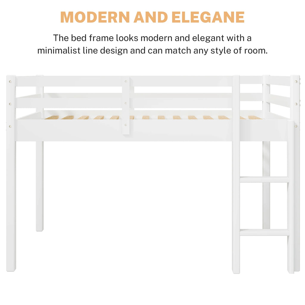 White Twin Size Solid Wood Loft Bed with 14 Wooden Slats S9433