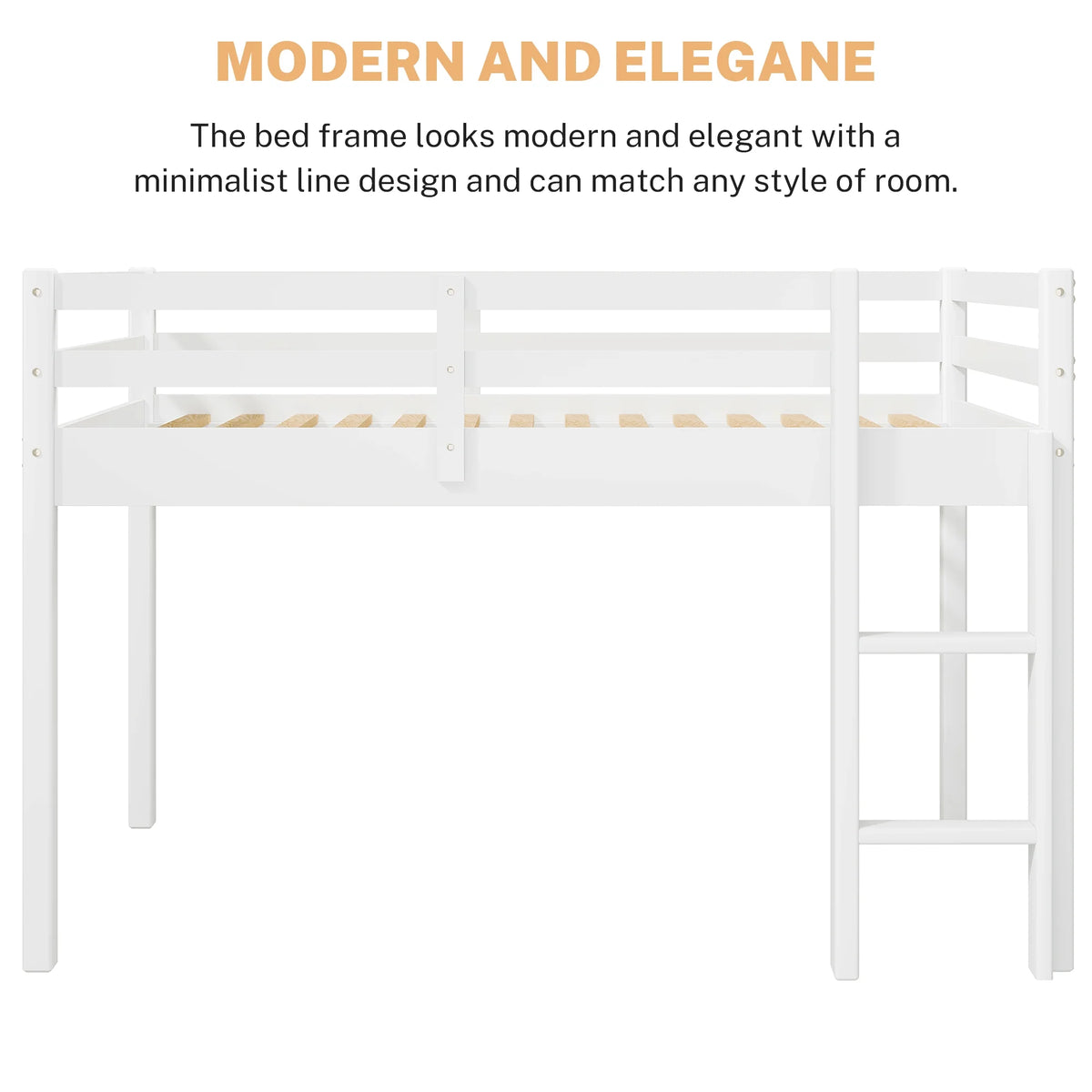 White Twin Size Solid Wood Loft Bed with 14 Wooden Slats S9433
