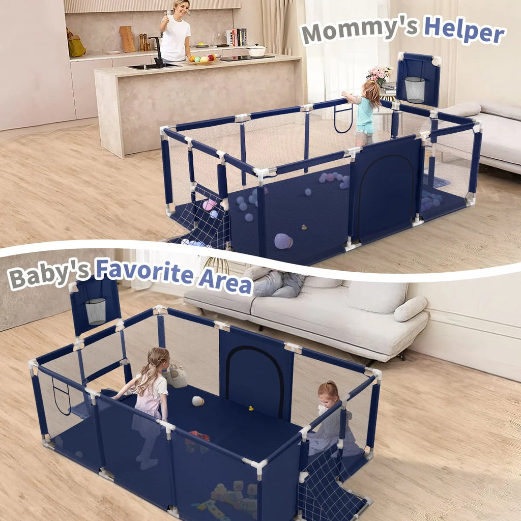 71 Inch Blue Baby Playpen with Basketball Hoop and Mesh R126