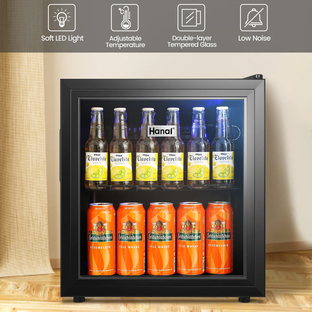 Mini Fridge with Glass Door 50 Can Cooler with Wine Rack, Stainless Steel Look Y1110