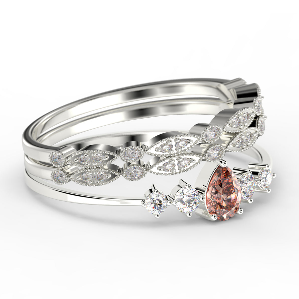 2.05 Carat Pear Cut Morganite And Diamond Moissanite Engagement Ring in 925 Sterling Silver With 18k White Gold Plating A211