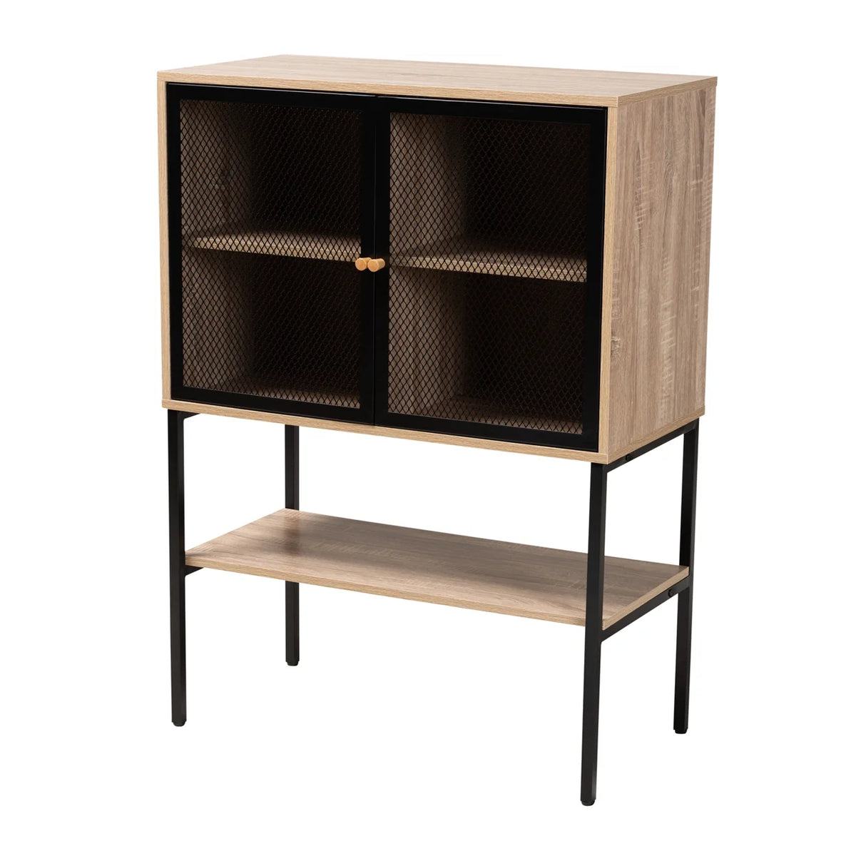 Natural Brown Wood and Black Metal 2-Door Sideboard E4192