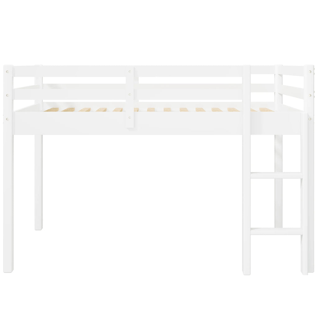 White Twin Size Solid Wood Loft Bed with 14 Wooden Slats S9433