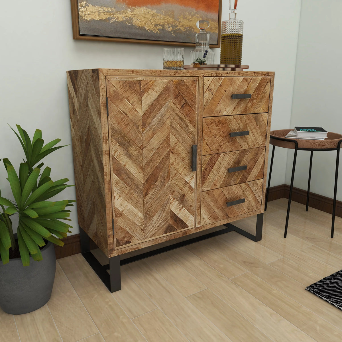 Brown Mango Wood 4 Drawers 1 Shelf 1 Door Geometric Cabinet R9979