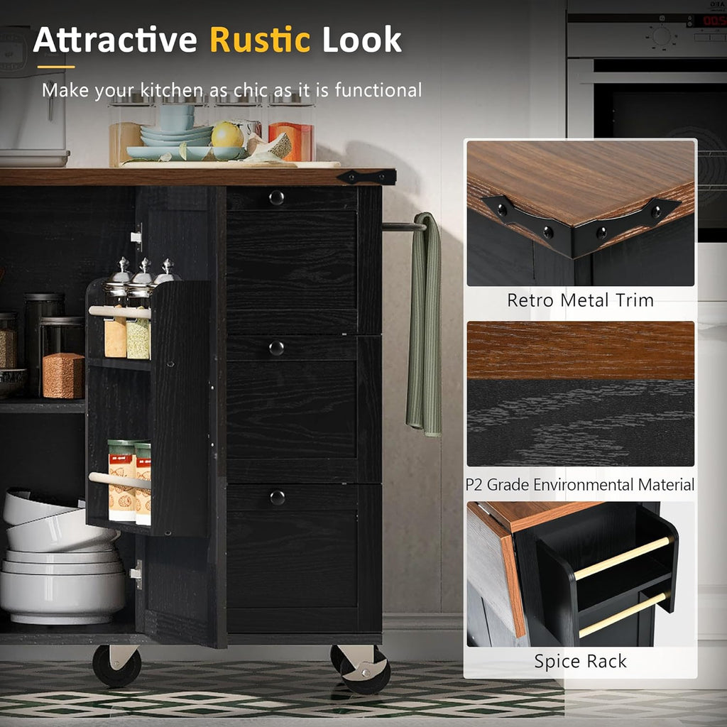 Black Kitchen Island with Power Outlet and Drop Leaf K101