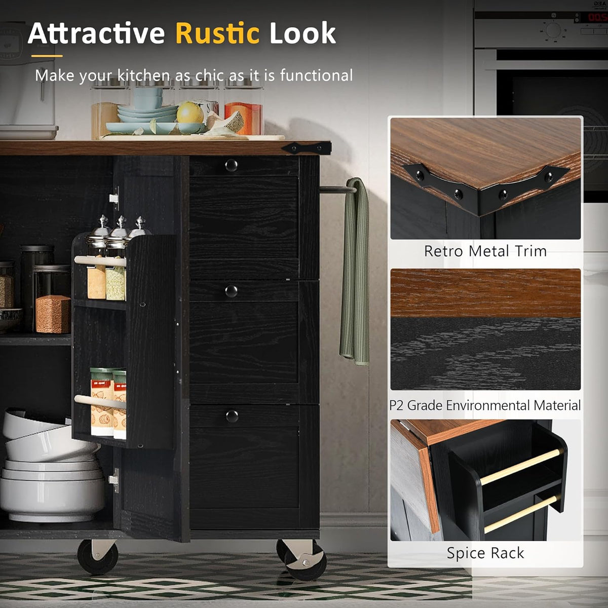 Black Kitchen Island with Power Outlet and Drop Leaf K101