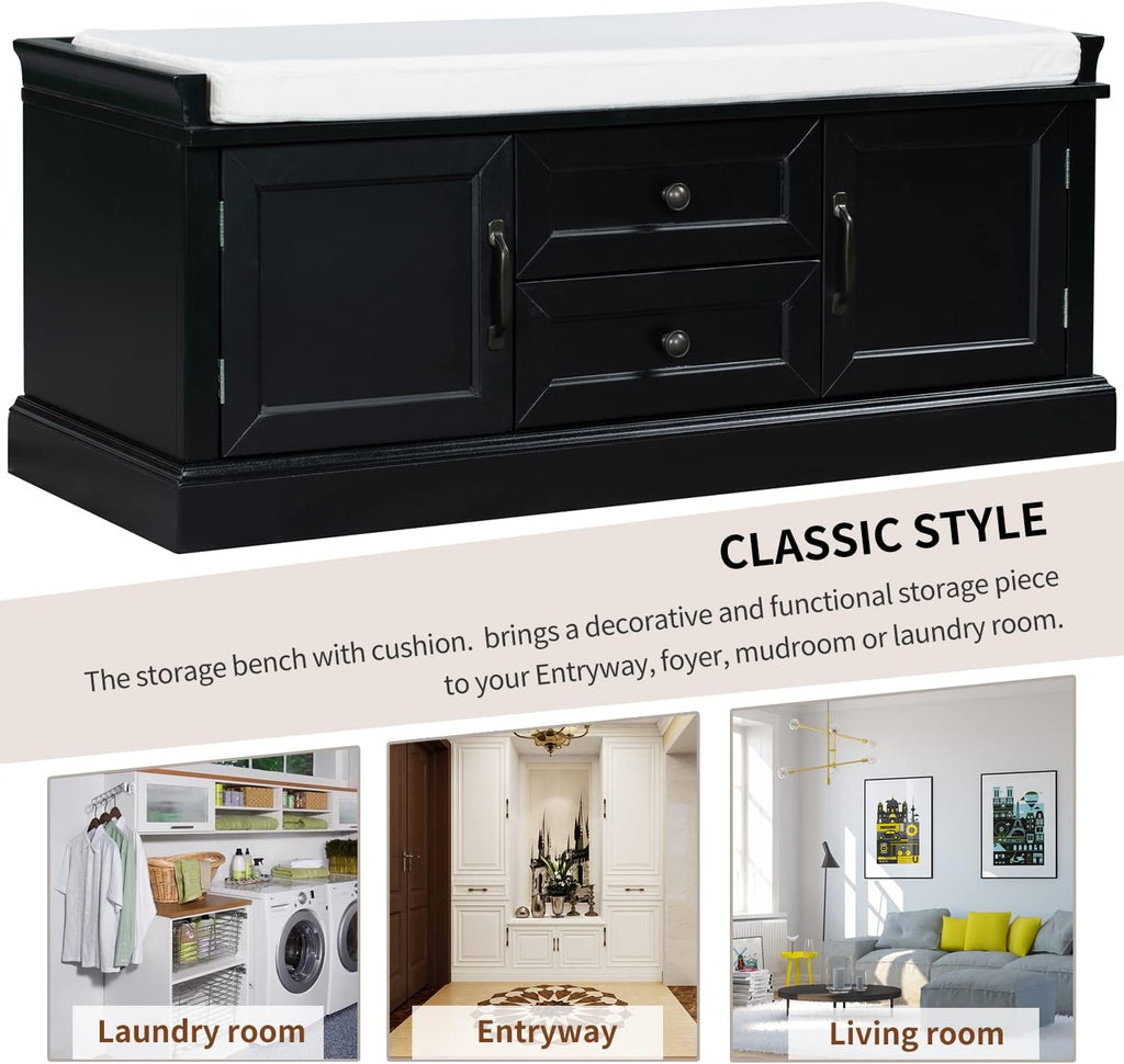 Black Storage Bench with 2 Drawers and 2 Cabinets with Removable Cushion R649295