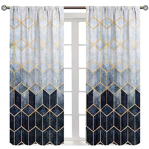 Navy Blue Gold Geometric Marble Curtains 2 Panel Sets, 42x45 Inch E741340