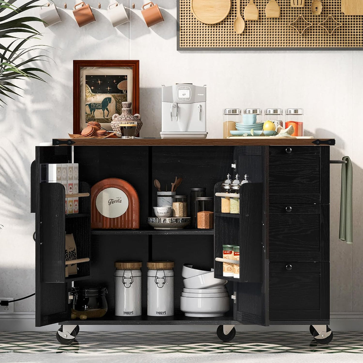 Black Kitchen Island with Power Outlet and Drop Leaf K101