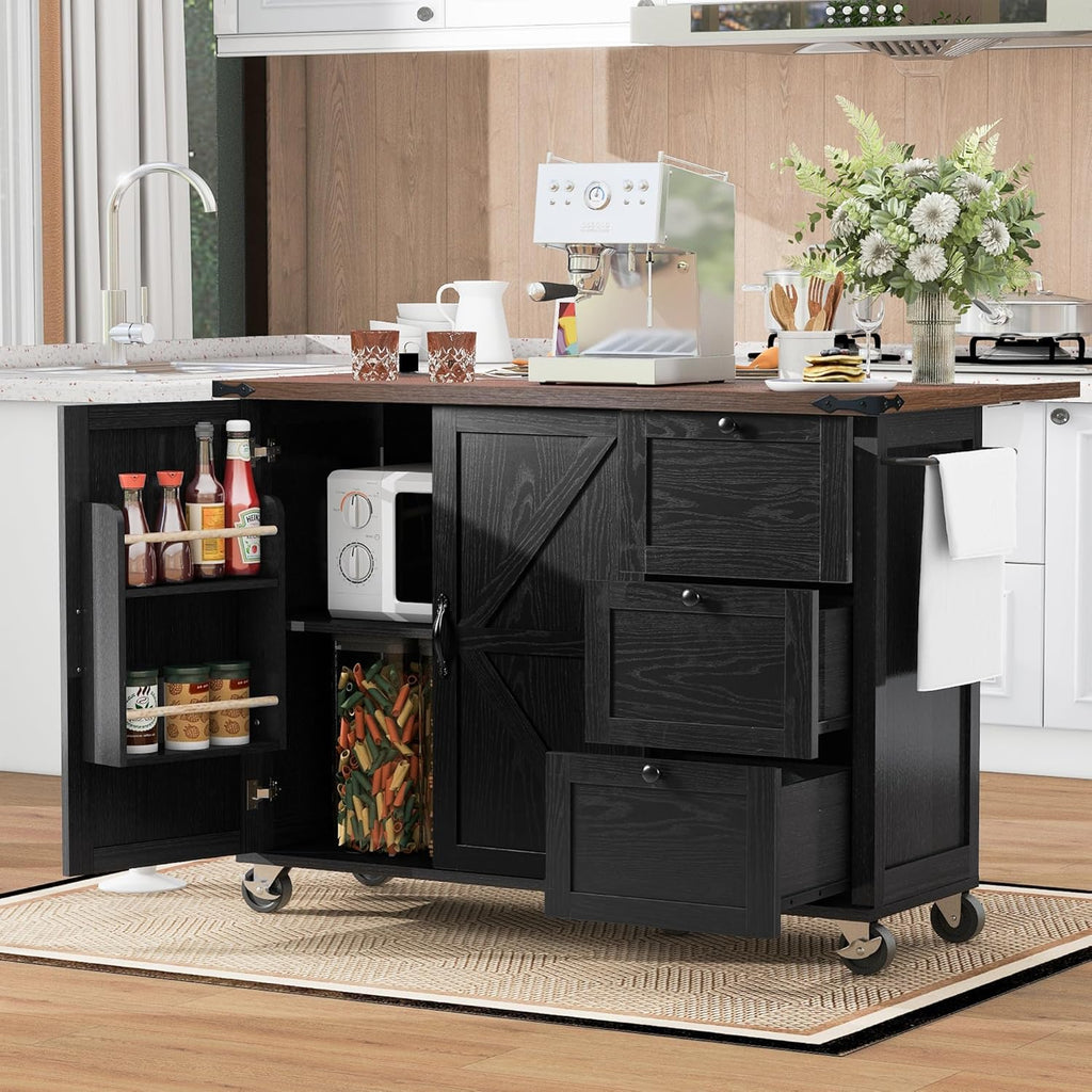 Black Kitchen Island with Power Outlet and Drop Leaf K101