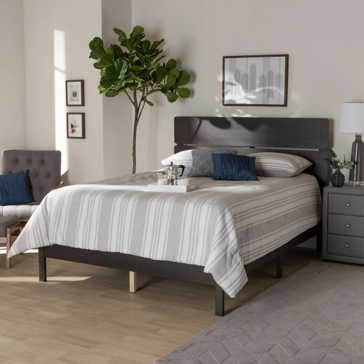Gray and Oak Finished Wood Full Size Panel Bed Y9363