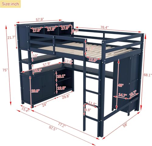 Full Size Metal Loft Bed with Wardrobe and L-Shaped Desk I751474