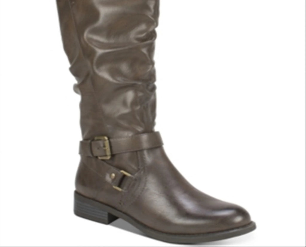 Brown Crisscross Straps Stretch Gore Cushioned Studded Buckle Accent Almond Toe Block Heel Zip-Up Riding Boot W421889