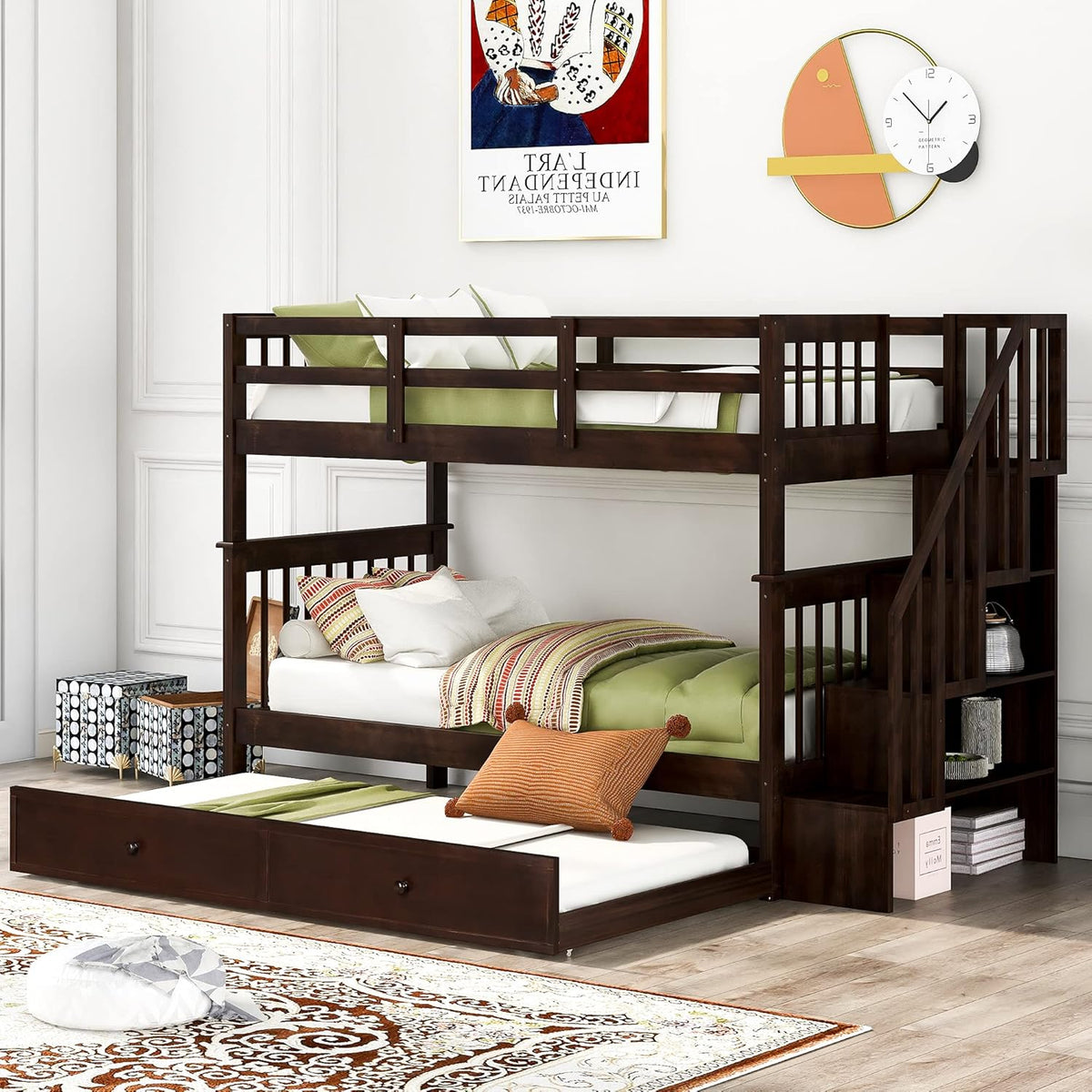 Espresso Twin Over Twin Wood Bunk Bed with Trundle and Storage I13340