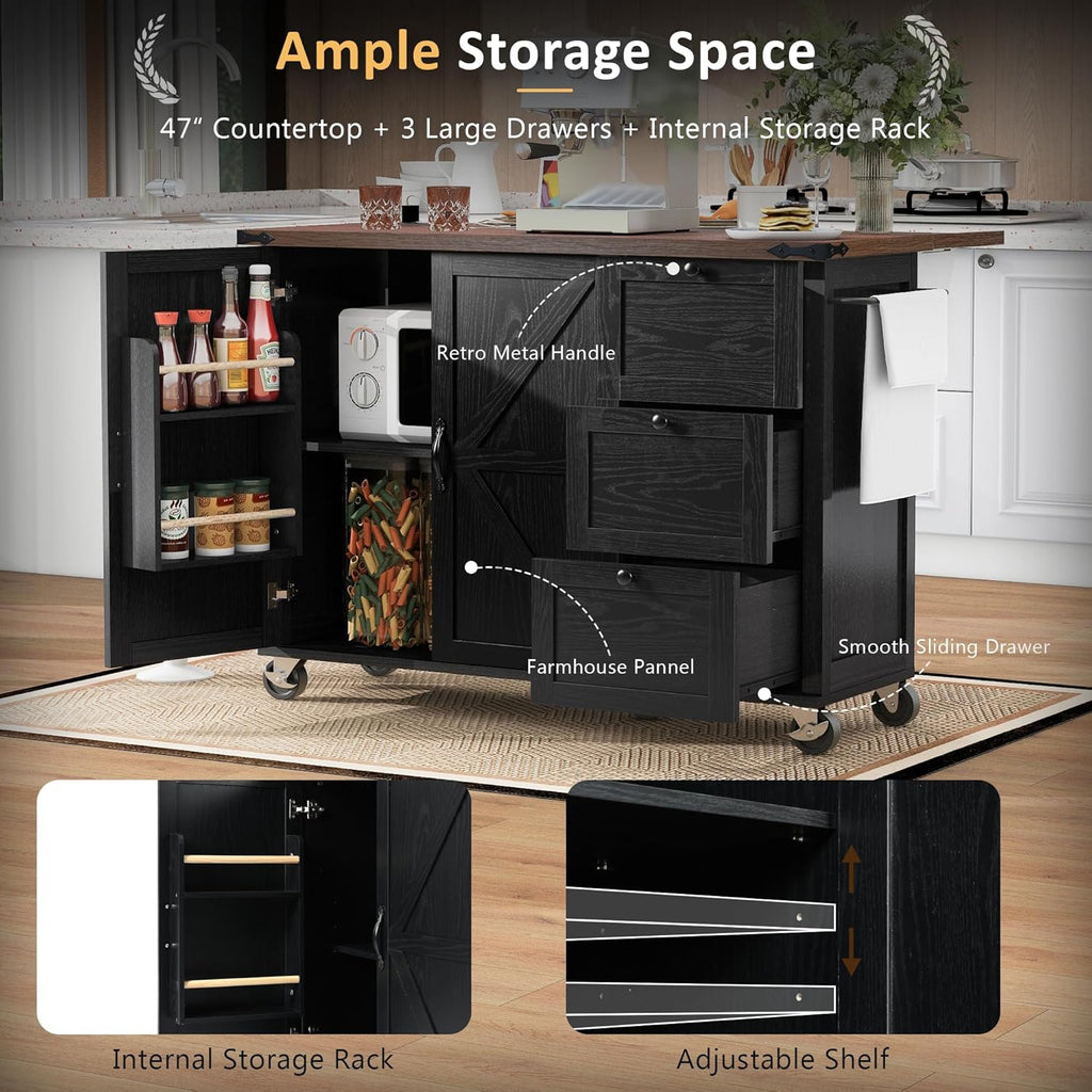 Black Kitchen Island with Power Outlet and Drop Leaf K101