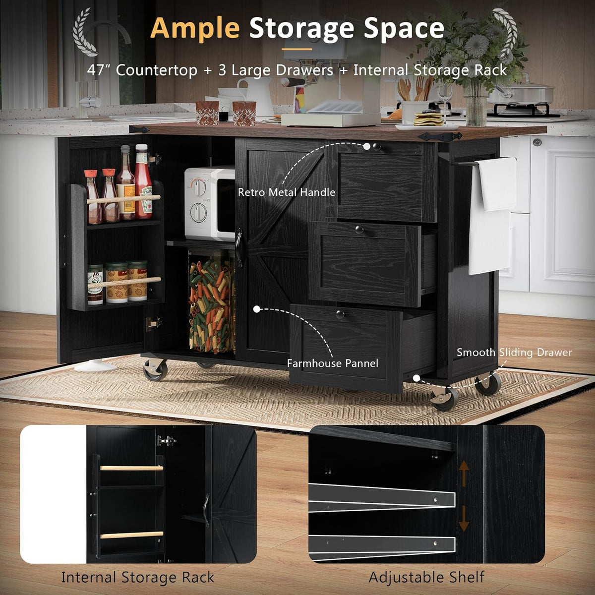 Black Kitchen Island with Power Outlet and Drop Leaf K101
