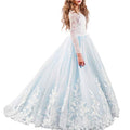 Girls Long Sleeve Lace Flower Wedding Bridesmaid Party Dresses Floor Length Tulle Ball Gown P6930