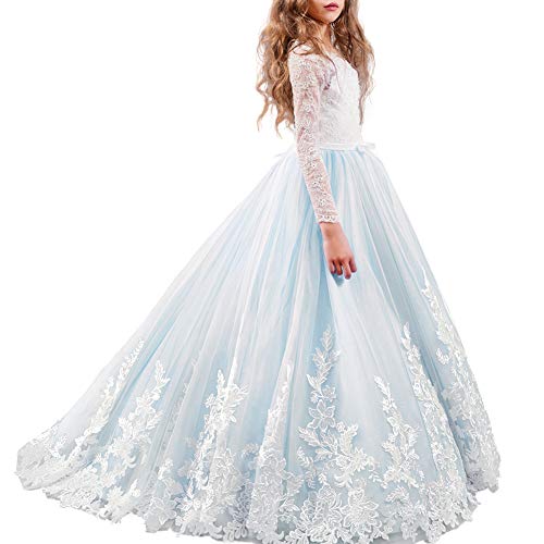 Girls Long Sleeve Lace Flower Wedding Bridesmaid Party Dresses Floor Length Tulle Ball Gown P6930