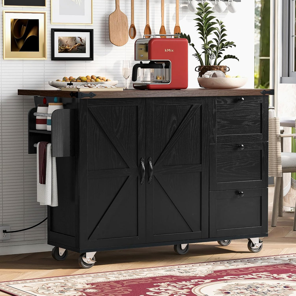 Black Kitchen Island with Power Outlet and Drop Leaf K101