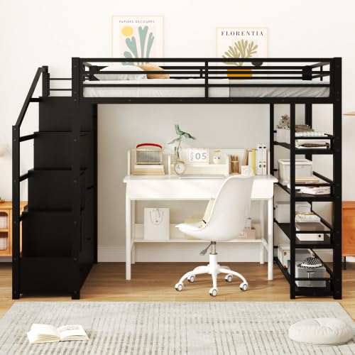 Full Size Metal Loft Bed with Wardrobe and L-Shaped Desk I751474