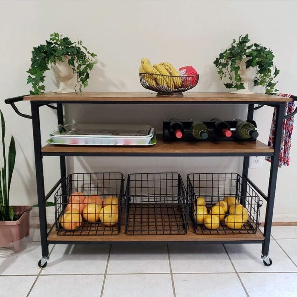 Industrial Kitchen Cart with Wheels and 3 Metal Storage Baskets G844
