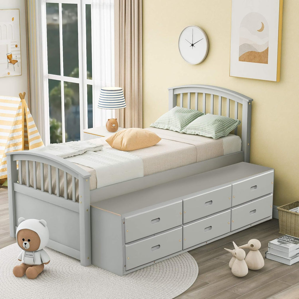 Gray Solid Wood Twin Size Platform Storage Bed with 6 Drawers G741